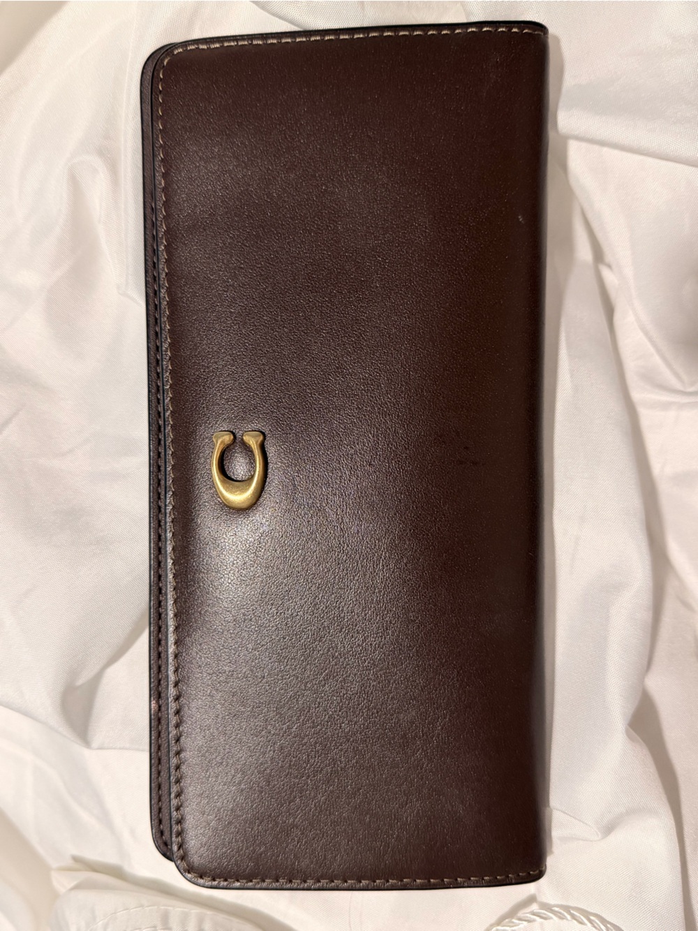 Coach Dark Brown Leather Long Wallet with Gold-Tone Horseshoe Accent